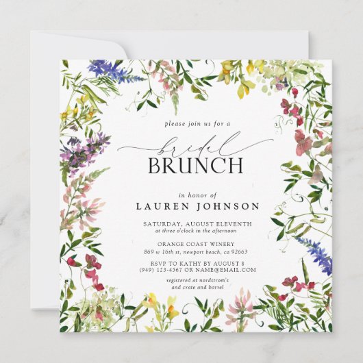 Elegant Summer Wildflower Waterverf Bridal Brunch Kaart (Voorkant)
