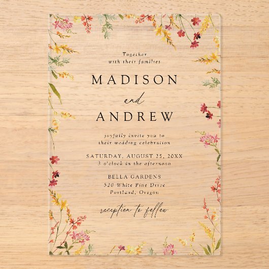 Elegant Summer Wildflower Wedding Acryl Uitnodigingen (Voorkant)