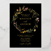 Elegant Summer Wildflower Wreath Black Wedding Folie Uitnodiging (Voorkant)