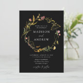 Elegant Summer Wildflower Wreath Black Wedding Kaart (Staand voorkant)