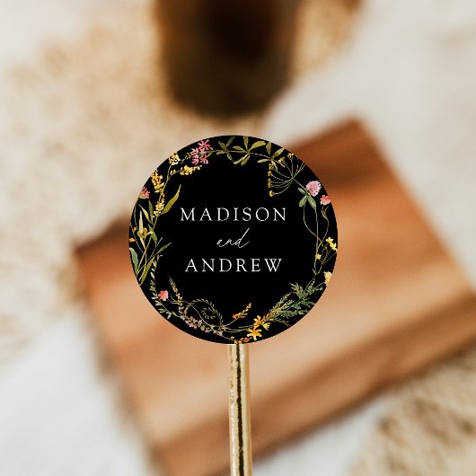 Elegant Summer Wildflower Wreath Black Wedding Ronde Sticker