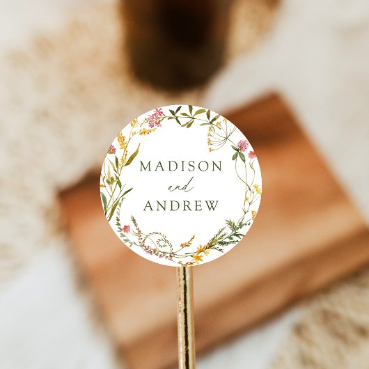 Elegant Summer Wildflower Wreath Wedding Ronde Sticker
