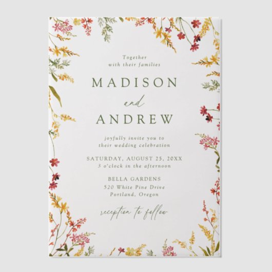 Elegant Summer Wildflower Wreath Wedding Vellum Uitnodigingen (Voorkant)