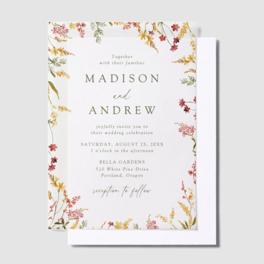 Elegant Summer Wildflower Wreath Wedding Vellum Uitnodigingen (Offset)