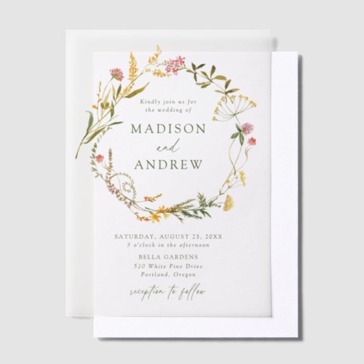 Elegant Summer Wildflower Wreath Wedding Vellum Uitnodigingen (Offset)