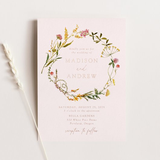 Elegant Summer Wildflower Wreats Blush Wedding Folie Uitnodiging