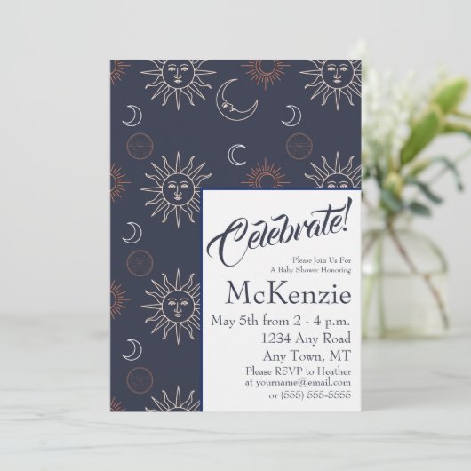 Elegant Sun en Moon op Blue Celestial Baby shower Kaart (Staand voorkant)