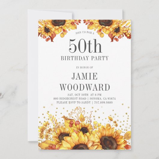 Elegant Sunflower 50th Birthday Invitation Kaart (Voorkant)