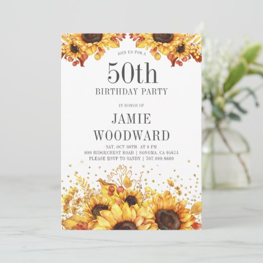 Elegant Sunflower 50th Birthday Invitation Kaart (Staand voorkant)