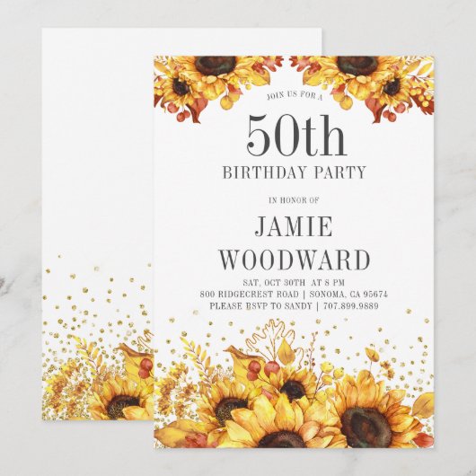 Elegant Sunflower 50th Birthday Invitation Kaart (Voorkant / Achterkant)
