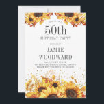 Elegant Sunflower 50th Birthday Invitation Kaart<br><div class="desc">Duw gele gouden waterverf zonnebloemen op een zwarte achtergrond met goudglitter en een roestachtig antiek lettertype. Vet goud op zwart contrast.</div>