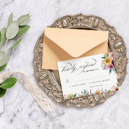 Elegant Sunflower and Roos Burgundy Floral Wedding RSVP Kaartje