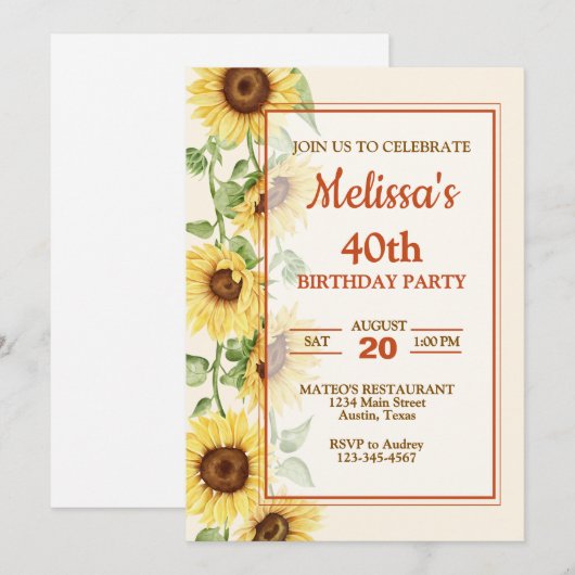 Elegant Sunflower Birthday Party Kaart (Voorkant / Achterkant)