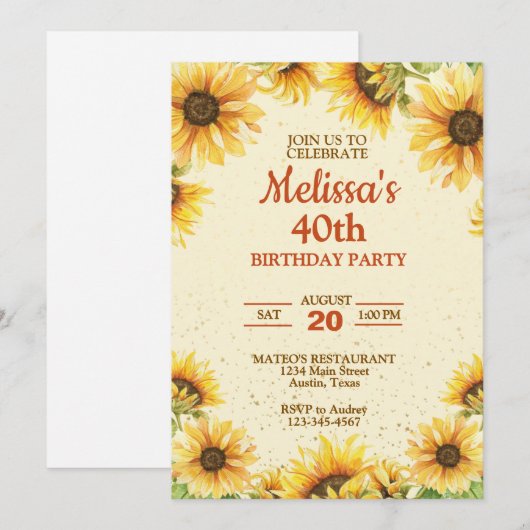 Elegant Sunflower Birthday Party Kaart (Voorkant / Achterkant)
