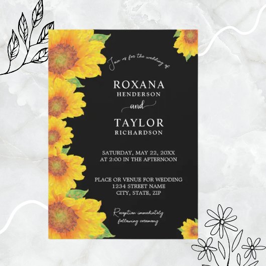 Elegant Sunflower Black Backdrop Floral Wedding Kaart