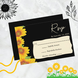 Elegant Sunflower Black Backdrop Floral Wedding RSVP Kaartje