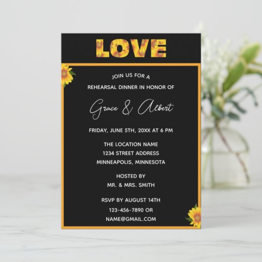 Elegant Sunflower Black Backdrop LOVE Rehearings Kaart (Staand voorkant)