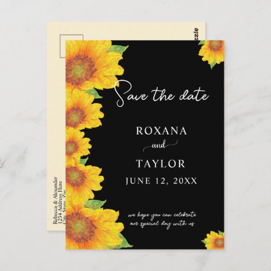 Elegant Sunflower Black Backdrop Save the Date Briefkaart (Voorkant / Achterkant)