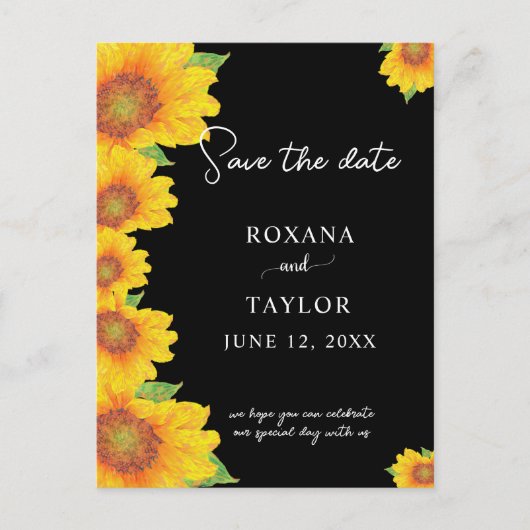 Elegant Sunflower Black Backdrop Save the Date Briefkaart (Voorkant)