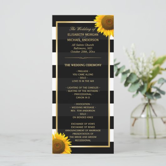 Elegant Sunflower Black White Wedding Program Programmakaart (Staand voorkant)