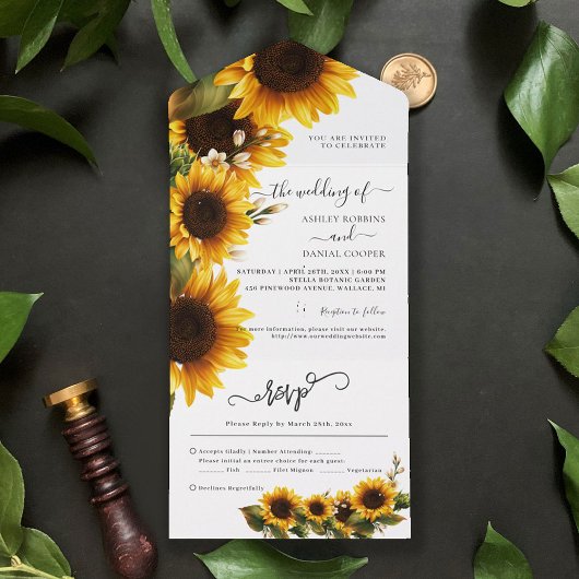 Elegant Sunflower Bouquet Weddenschap in One Invi All In One Uitnodiging