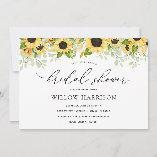 Elegant Sunflower Bridal Shower Invitation Kaart (Voorkant)