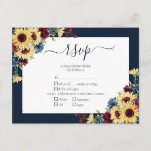 Elegant Sunflower Burgundy Navy Blue Wedding RSVP Uitnodiging Briefkaart