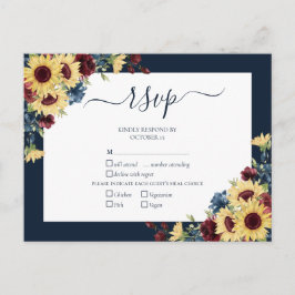 Elegant Sunflower Burgundy Navy Blue Wedding RSVP Uitnodiging Briefkaart