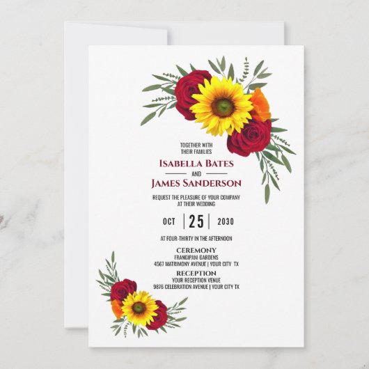 Elegant Sunflower Burgundy Roos Weddenschappen Kaart (Voorkant)