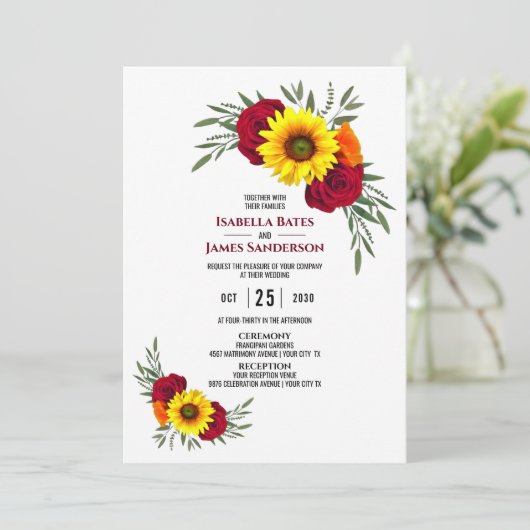 Elegant Sunflower Burgundy Roos Weddenschappen Kaart (Staand voorkant)
