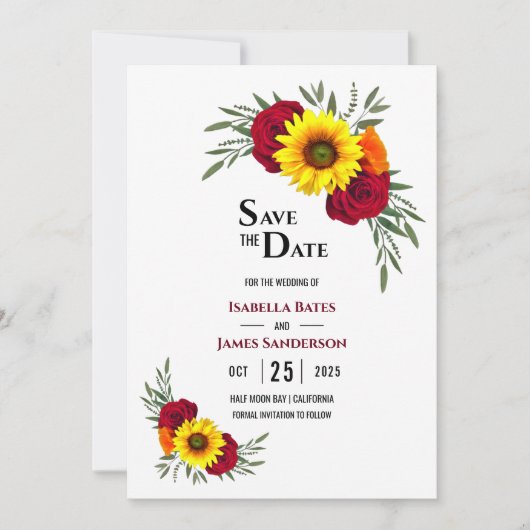 Elegant Sunflower Burgundy Roos Wedding Save the D Save The Date (Voorkant)