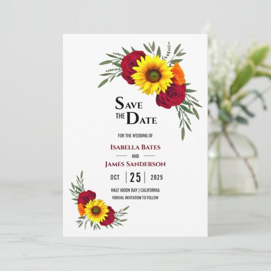 Elegant Sunflower Burgundy Roos Wedding Save the D Save The Date (Staand voorkant)
