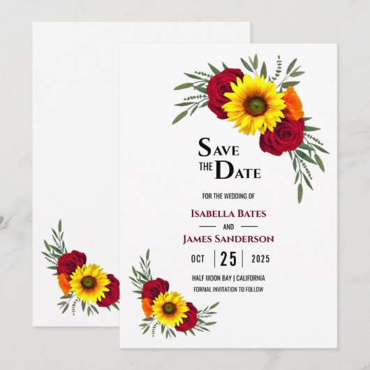 Elegant Sunflower Burgundy Roos Wedding Save the D Save The Date (Voorkant / Achterkant)