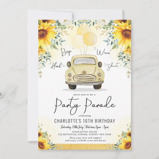 Elegant Sunflower Drive Thru Birthday Party Parade Kaart (Voorkant)