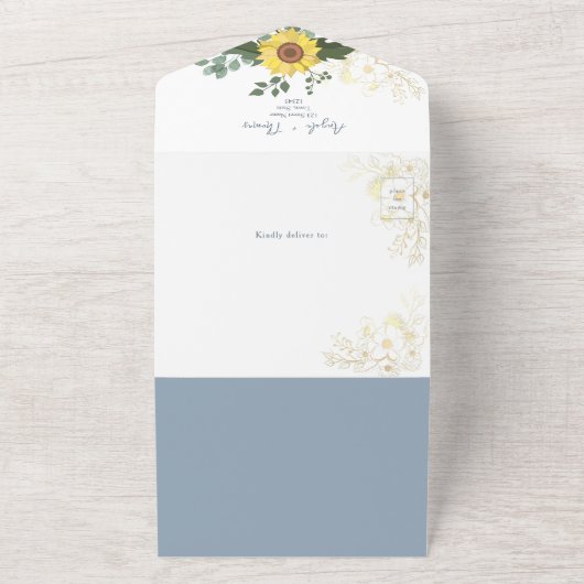 Elegant Sunflower Dusty Blue Wedding All In One Uitnodiging (Buitenkant)