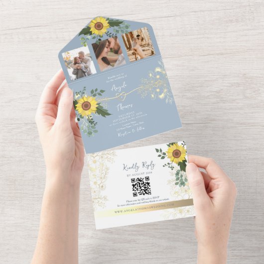 Elegant Sunflower Dusty Blue Wedding All In One Uitnodiging (Afscheurbaar)