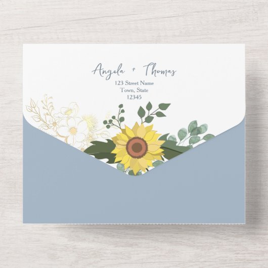 Elegant Sunflower Dusty Blue Wedding All In One Uitnodiging (Achterkant)