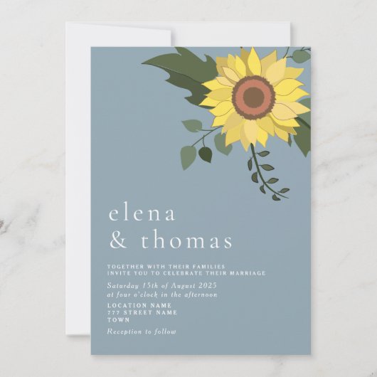 Elegant Sunflower Dusty Blue Wedding Kaart (Voorkant)