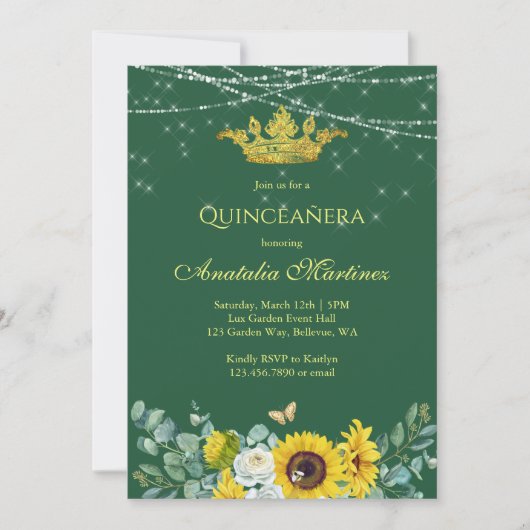 Elegant Sunflower Emerald Green Quinceanera Kaart (Voorkant)