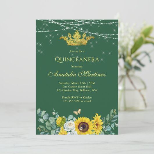 Elegant Sunflower Emerald Green Quinceanera Kaart (Staand voorkant)