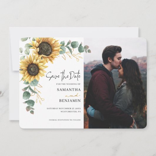 Elegant Sunflower Eucalyptus 1 Photo Wedding Save The Date (Voorkant)