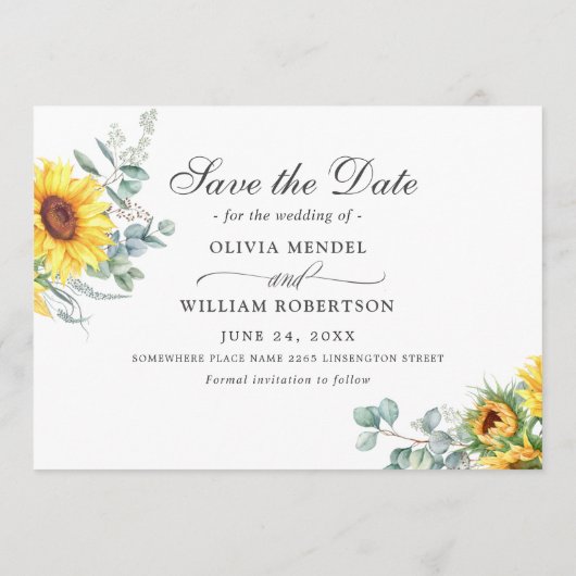 Elegant Sunflower Eucalyptus 3 PHOTO Weddenschap Save The Date (Achterkant)