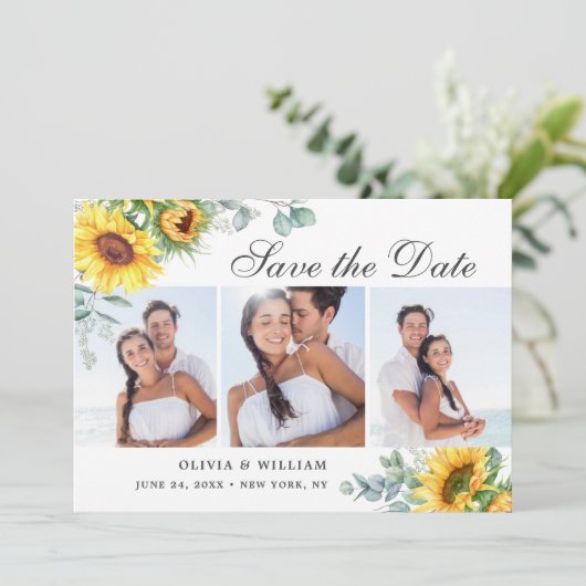 Elegant Sunflower Eucalyptus 3 PHOTO Weddenschap Save The Date (Staand voorkant)