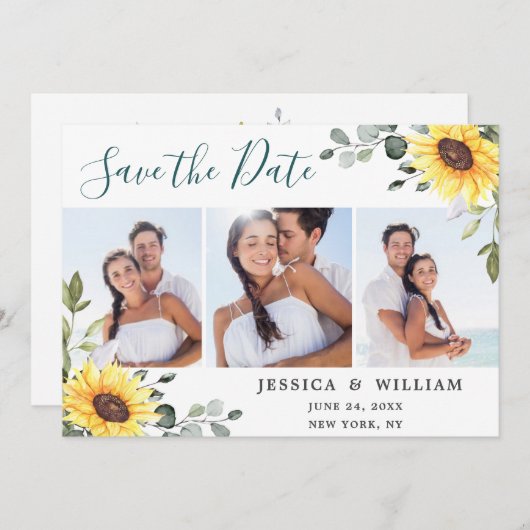 Elegant Sunflower Eucalyptus 3 PHOTO Weddenschap Save The Date (Voorkant / Achterkant)