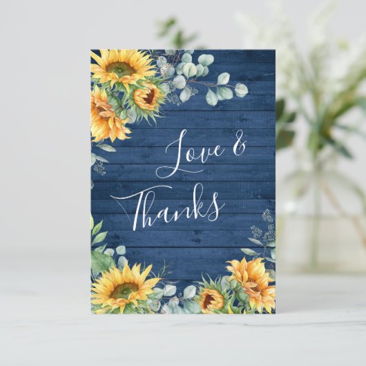 Elegant Sunflower Eucalyptus Blue Wood Rustisch Bedankkaart (Staand voorkant)