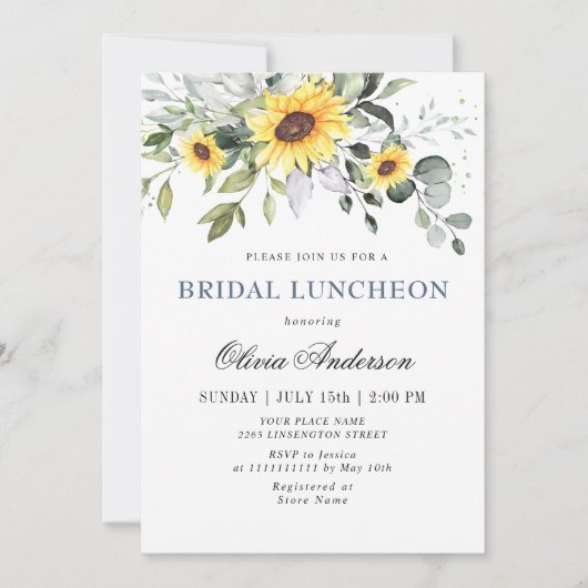Elegant Sunflower Eucalyptus BRIDAL LUNCHEON Kaart (Voorkant)