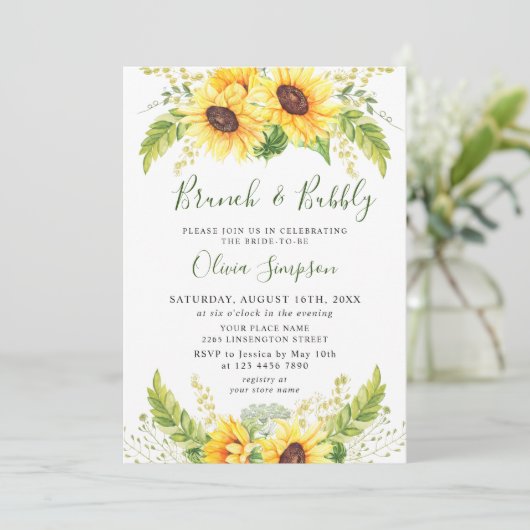 Elegant Sunflower Eucalyptus Brunch & Bubble Kaart (Staand voorkant)