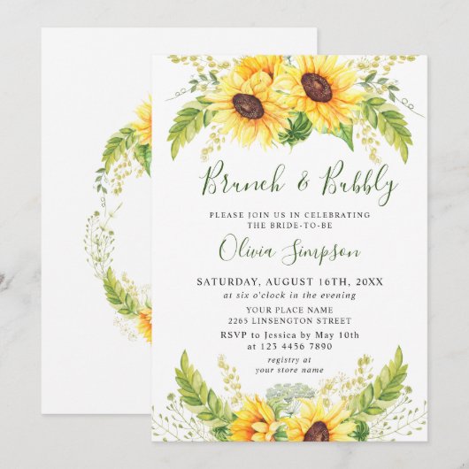 Elegant Sunflower Eucalyptus Brunch & Bubble Kaart (Voorkant / Achterkant)