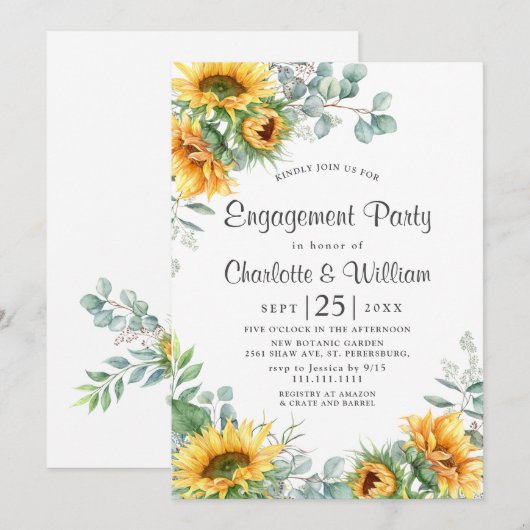 Elegant Sunflower Eucalyptus Engagement Party Kaart (Voorkant / Achterkant)