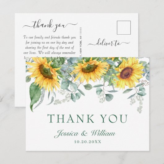 Elegant Sunflower Eucalyptus Floral bedankt Briefkaart (Voorkant / Achterkant)